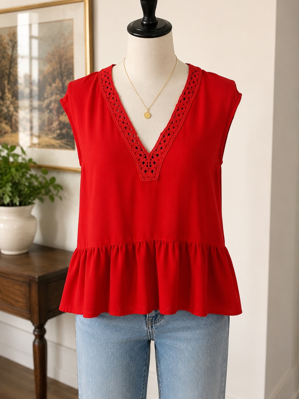 Max Studio Bright Red Crochet V-Neck Sleeveless Peplum Tank